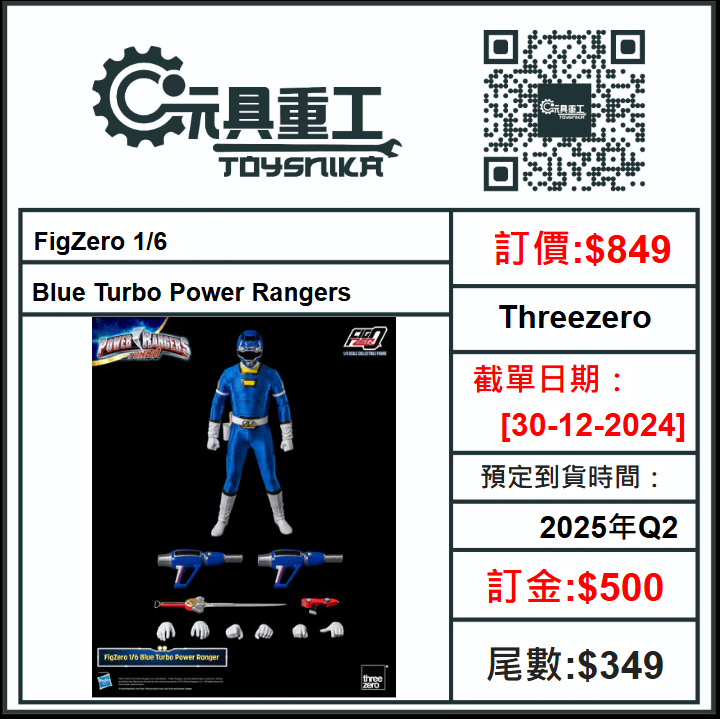 30-12-2024 [PreOrder預訂-數量有限，額滿即止]Threezero FigZero 1/6 Blue Turbo Power Rangers